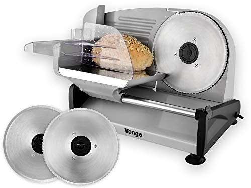 Venga! Electric Food Slicer, 1 Serrated Blade For Bread, 1 Smooth Blade for Cooked meats and Vegetables, thickness adjustment from 0 to 15mm, 200W, Stainless Steel, VG AS 3005 BS