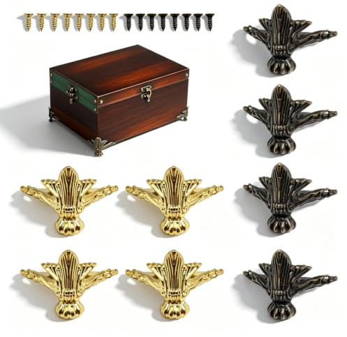 WJUAN 8 Stück Antike Möbelfüße aus Zinklegierung mit Dekorativen Eckschutz für Geschenkboxen, Schmuckschatullen & Möbel (Gold & Bronze)