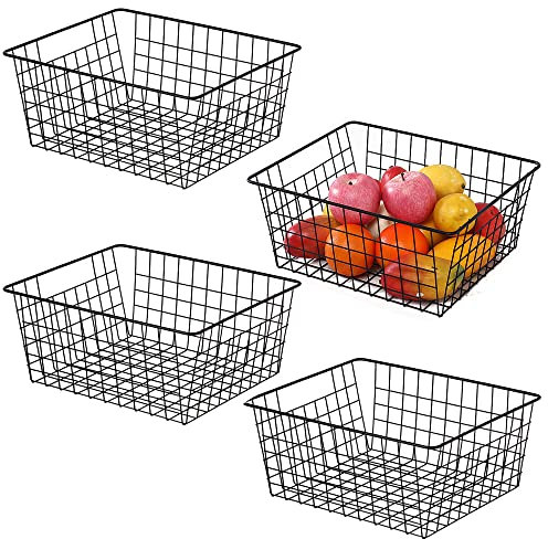 Aeggplant Kitchen Wire Baskets Farmhouse Decor Metal Food Storage Organizer,Household Refrigerator Bin with Built-in Handles for Cabinets,Pantry,Bathroom,Black