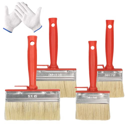 HONMOK 4 Pack Fence Paint Brush with 1 Pair Nylon Work Gloves Decking Paint Brush 70mm 90mm 120mm 140mm Timber Block Brush for All Types of Oil Walls & Ceilings Painting Jobs