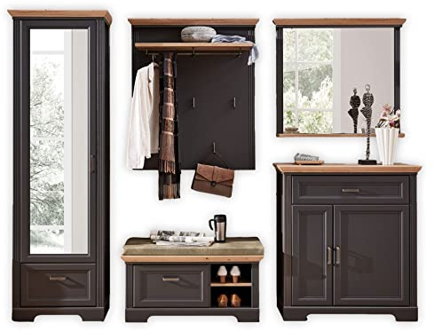 Stella Trading JASMIN Flurgarderoben Set in Graphit, Artisan Eiche Optik - Landhausstil Garderobenset 5-teilig für Ihren Eingangsbereich - 280 x 204 x 41 cm (B/H/T) | 280 x 204 x 41 cm (B/H/T), Flur Set mit Garderobenschrank, Schuhkommode, Schuhbank, Paneel und Spiegel, Landhaus Set