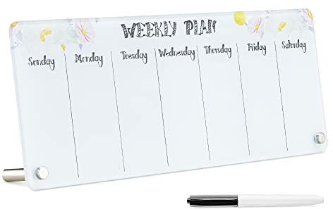 Navaris Wochenplaner aus Glas abwischbar - Whiteboard Kalender für Büro Schreibtisch - trocken abwischbar - Desktop Notizboard Organizer Terminplaner - Blumen Design