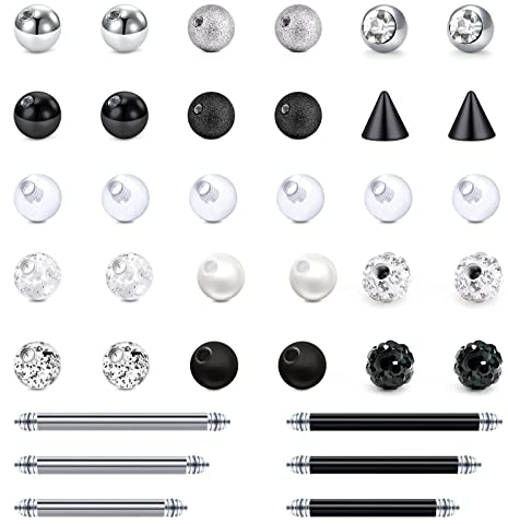 LAURITAMI 30stk Ersatz Piercing Kugeln 5mm Chirurgenstahl & Acryl 14G Zungenpiercing Barbell 12/14/16mm Körperschmuck
