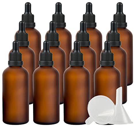 ZEOABSY 12 Stück 100 ml Gefrostet Braunglas Pipettenflasche mit Schwarz Originalitätsverschluss Pipettenring, Leere Klar Glasflasche Glaspipette Tropfflaschen für Ätherische Öle Aromatherapie