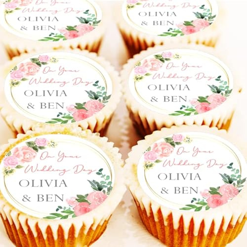 Personalised Pink Rose Cupcake Toppers - Edible Icing or Wafer - 4cm x 24 - Birthday Wedding Nikah Christening Baby Shower Hen Cake Decorations (Edible Icing)