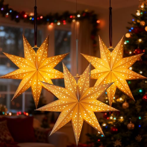3D Christmas Star Lantern 3pcs White Hanging Paper Star Lantern Lampshade 3D Large Paper 9 Pointed for Xmas Wedding Holiday Hanging s （String lights not included）