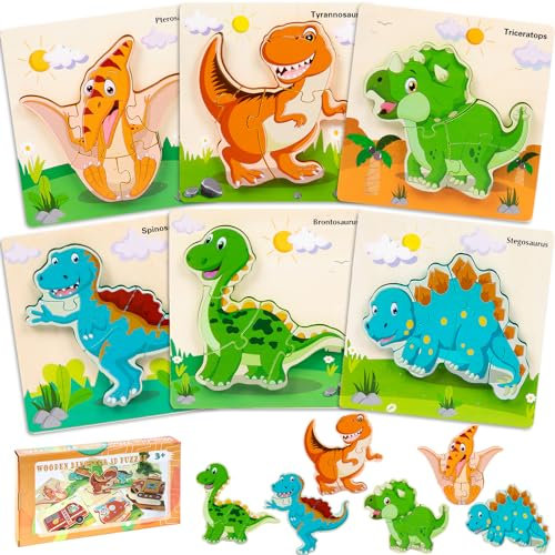 LEcylankEr Puzzle ab 1 2 3, 6 Stück Holzpuzzle Kinder, Dinosaurier/Auto Steckpuzzle 1 2 3 Jahre, Montessori Spielzeug Geschenke für Jungen Mädchen (Dinosaurier)