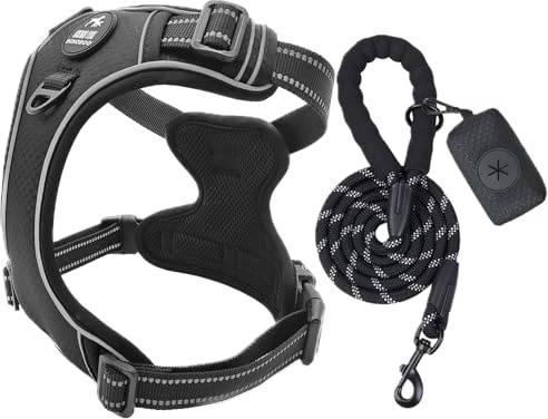 BINOBOO hundegeschirr mittelgroße Hunde, Anti Zug Hundegeschirr, No Pull Verstellbar Hundegeschirr Set mit Leine und Kotbeuteln,Atmungsaktives reflektierendes Brustgeschirr,Schwarz M