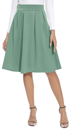 REORIA Damen Rock Faltenrock Klassischer Einfarbiger Plisseerock Knielanges Skirt Röcke Strickrock Tennisrock Grau Grün S