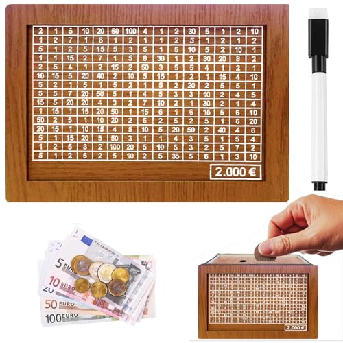 Retro Holz-Sparbüchse mit Aufbewahrungsbox, Kinder-Sparziel und Marker - Wiederverwendbare Spardose für bis zu 2000€