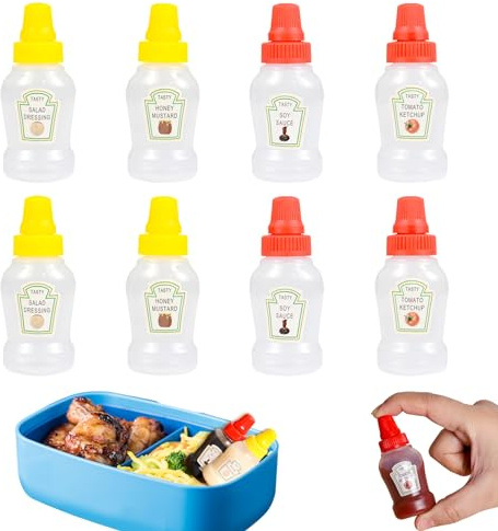 KUAOOAUK 8PCS Mini Ketchup Bottles, 25ml Refillable Plastic Condiment Squeeze Bottles, Portable Small Sauce Bottle with Leakproof Screw Cap for Honey Sauce Salad Oil Ketchup