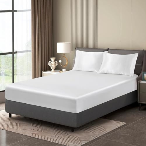 Luowei Satin Spannbettlaken 160x200cm Seidig Kühlend Sommer, Weiß | Seidiger Glanz Boxspringbett Spannbettlaken, Weich und Komfortabel, mit Rundum-Gummizug für 25-30 cm höhe matratze