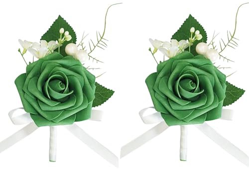MAFELOE Ansteckblume für Herren, künstliche Blumen für Bräutigam, Trauzeugen, Hochzeit, Abschlussball, Party, Zeremonie, Jahrestag, formelles Abendessen, Blumen, Zubehör, Anzug, Dekoration, Grün, 2
