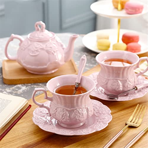 OrLtL Elegantes rosafarbenes Keramik-Teeservice, Vintage-Teetasse aus Keramik, Teekanne mit englischem Blumenmuster, Nachmittagstee-Set (A wie abgebildet)