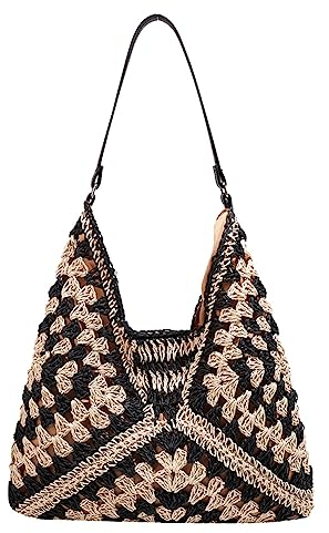 GSenhui Strohtasche für Damen, Boho Schultertasche, Handtasche Basttasche Sommer Korbtaschen Mesh Tote Bag für Strand Pool Beruf