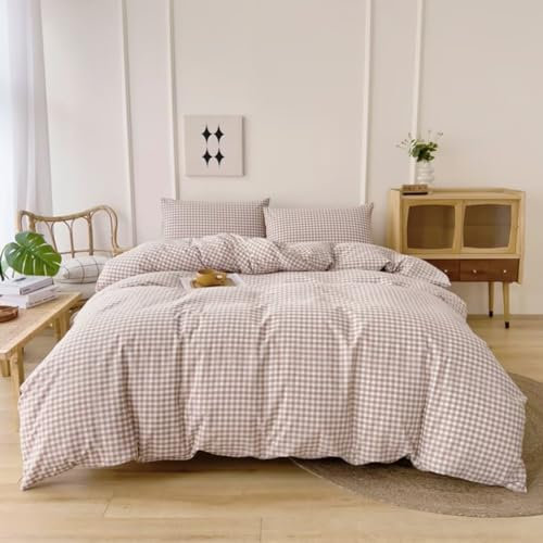 Ruccit Parure de lit 3 pièces avec housse de couette à carreaux 100 % coton lavé avec fermeture éclair et attaches de coin, douce, respirante et beige pour très grand lit