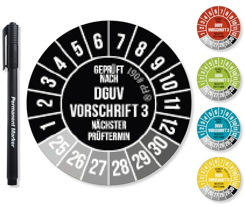 Frank Paperman® DGVU V3 Lot de 300 plaques de test Noir/blanc 20 mm de diamètre avec stylo pour film plastique Pour la prochaine date de test Résistant aux UV Haute adhérence 5 couleurs 2 tailles