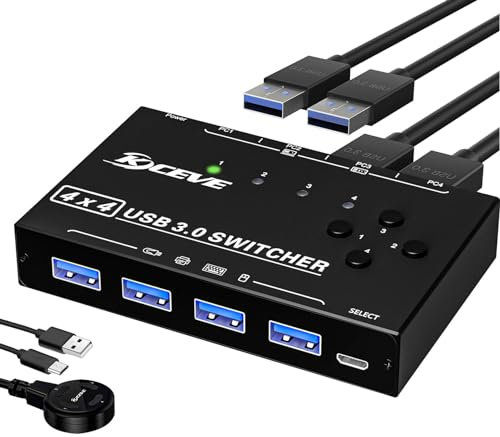 YOUTINGHDAV Commutateur USB 4 ordinateurs, commutateur USB 3.0 4 ports 4 entrées 4 sorties 5 Gbit/s pour 4 ordinateurs, souris, clavier, compatible avec ordinateur portable avec télécommande filaire