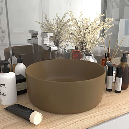 LAPOOH Luxuriöses Waschbecken, Aufsatzwaschbecken, Waschtisch, Aufsatzwaschtisch, Wash Basin, Badmöbel, Bathroom Sink, Rund Matt Creme 40x15 cm Keramik