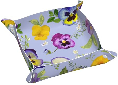 InOmak Pansy Flowers, Leather Storage Tray Jewellery Organiser Desktop Catchall Tray, Dresser Organizer Plate,M