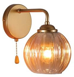 TEKLED myHome Amber Reeded Glass Wall Light with Pull Down Switch | Vintage Gold Wall Lamp | E27 Fitting | Indoor Lighting for Bedroom Living Room Hallway Café Bar (Bulb Not Included)