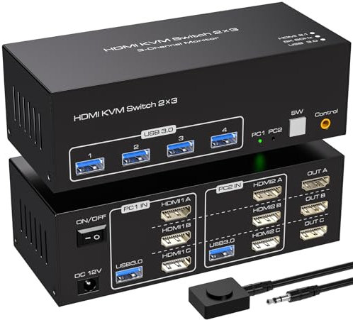 VPFET 4K144Hz HDMI KVM Switch 3 Monitors 2 Computers 8K60Hz 2 PC Triple Monitors Switches With 4 Ports USB 3.0 to Connect Keyboard Mouse and Printer Includes 2 USB 3.0 Cables and DC12V Adapter