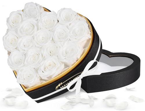 MAMAMIKO 16 Ewige Rosen in Herzform Box - Infinity Weiße Rose, Konservierte Echt Blume, Geschenk für Sie Frauen zum Valentinstag Jahrestag Geburtstag Muttertags Hochzeit