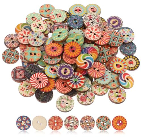 SGERUFZ 100 Stück Holzknöpf Vintage Knöpfe Holzknöpfe zum Basteln Retro Harz Holzknöpfe Knöpfe zum Annähen Gemischte Blumenknöpfe aus Holz DIY Basteln (15 mm) (Bunte)