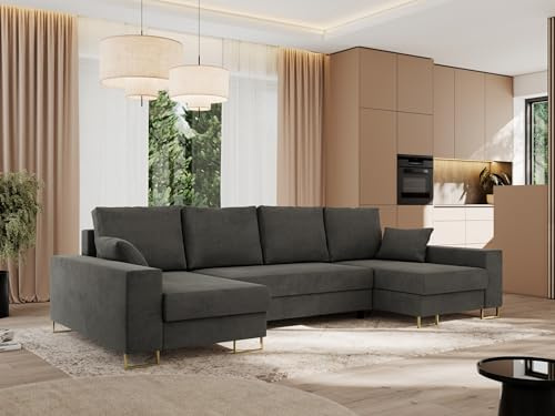 MKS MEBLE Sofa U Form mit Schlaffunktion - Wohnlandschaft U Form, Ecksofa mit Bettkasten, Schlafsofa, Couch mit Schlaffunktion - Dunkelgrau Velvet Dorian U