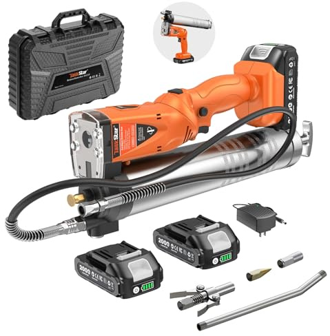 TaskStar 2-in-1 Akku Fettpresse Set: 10000 PSI Elektrische Fettpresse für Schmiernippel mit 2 Akkus, Ladegerät, 39,4 Langem Schlauch und 3 Mundstück, Ideal für schwere Maschinen wie Traktoren