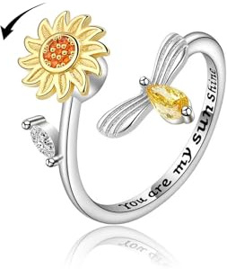 VYYU Fidget Ring for Women Girls - You are My Sunshine Anxiety Relief Stress Open Rings with Beautiful Sunflower & Bee | Reliever Spinner Stress Relief Gift for Wife Girlfriend Daughter Friends