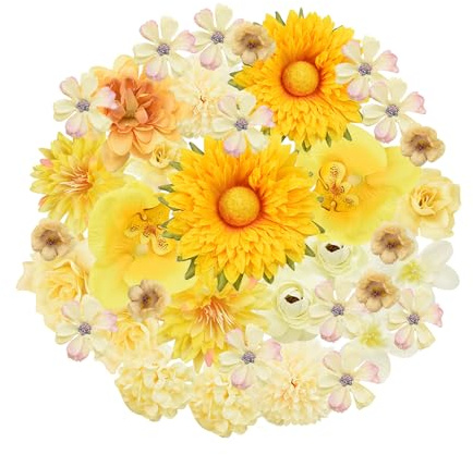 Zequech 35 Kunststoffblumen für Kunsthandwerk, Mini - dekorative Blumen in Gelb - Serie, Blumen für Brautstrauß, Wandtafel, Hochzeitsfeier, Party, Zuhause, Garten, DIY - Dekoration, Fotoprops