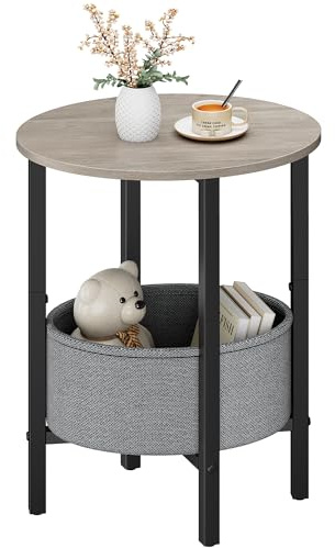 Vagusicc Round Side Table End Table with Storage Basket, Small Side Table Round Nightstand for Small Spaces, Tall Oval End Table with Steel Frame, Coffee Bedside Table for Living Room Bedroom, Greige