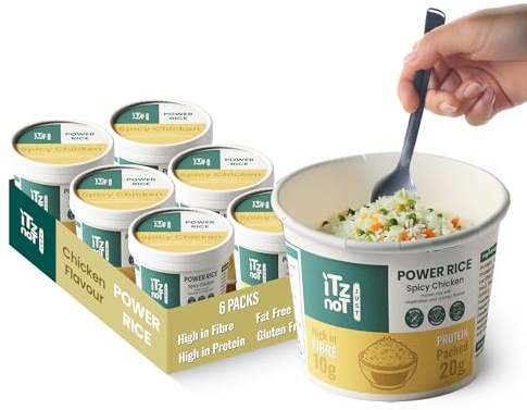 iTz noT Instant Power Protein Rice Pot– Chicken-Style Flavour with Veggies(6×110g)- Plant Based- High Protein (20g), High Fibre (10g), Low Carb & Gluten Free, Fat Free Instant Meal, Ready to Eat