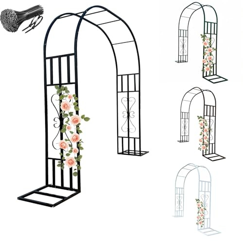 Arco de jardín de hierro forjado resistente, con base, pérgola decorativa de metal para plantas trepadoras, patio y césped, (negro, 140 x 230 cm)