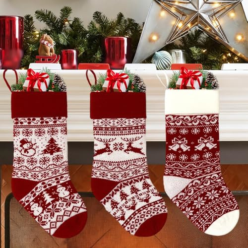 Mineup Christmas Stocking Set of 3, 18 inch Large Xmas Stockings, Large Santa Stocking with Santa Claus, Snowman, Bear Family Pack Stockings for Xmas Holiday Family Party Decorations