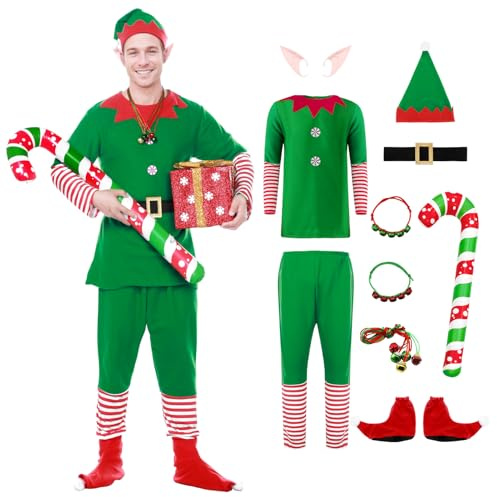 Joyesplay Elfen Kostüm Herren Grün Kostüm Weihnachten Elf mit Ohren Hut Gürtel für Weihnachten Erwachsener((L)