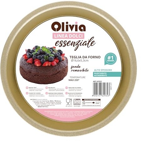 Olivia Teglia da Forno Tonda Ø16,6 cm x H 5,3 cm con Fondo Removibile – Acciaio al Carbonio, Rivestimento Antiaderente, Linea Dolci Essenziale, fino a 220°C