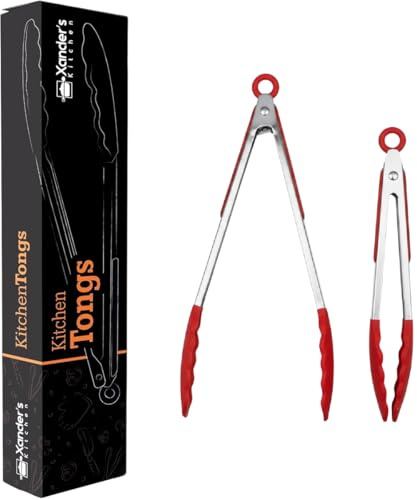 Xander's Kitchen Tongs for Cooking 9 & 12 Set of 2 Silicone Grip Non Stick Pasta Salad Frying BBQ Serving Meat (Red)