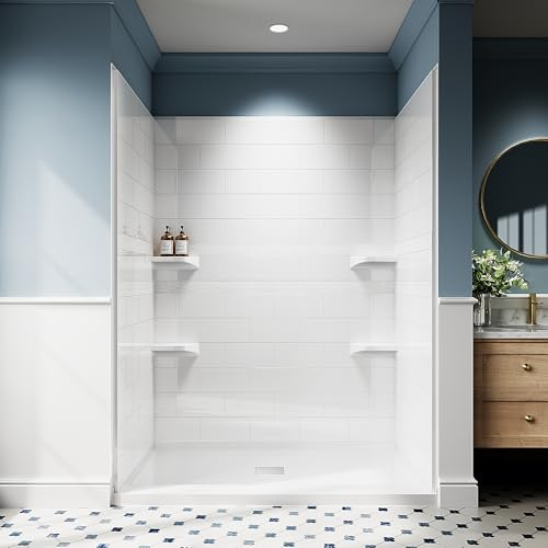 AquivaCoast Shower Wall Panels, 1 Thick Solid Surface 4-Panel Shower Surround Kit, Waterproof, Glossy White Subway Tile Design, Drill Installation Required, 32D x 60W x 78H, with Built-in Shelf