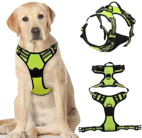 HTTDSLF Hundegeschirr Grosse Hunde, Anti Zug Hundegeschirr, Geschirr Hund Groß mit Reflexstreifen und Kontrolle, Verstellbar und Einstellbar, Brustgeschirr Hund für mittelgroße Hunde, Grün, L