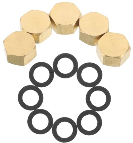 VICASKY 6 Pieces 3/8 Inch Brass Hexagonal Pipe Caps with Rubber Gaskets – Plumbing End Caps for Water Pipes, Garden Hose Blanking, and Washing Machine Fittings in Home Plumbing