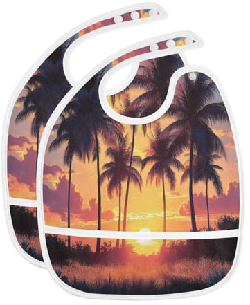 Caikeny Baby Feeding Bibs Black Coconut Palm Trees Infant Drooling Bibs Sunset Food Bibs with Pocket for Toddler Girls Boys Set of 2