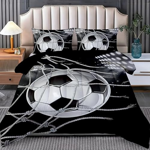 Fotbollsbäddtäcke, 3D fotbollstryck mikrofiber 4 säsonger överkast, varma året runt täcken, utan överdrag, tvättbar filt med 2 örngott 80 x 80 cm (G, 135 x 200 cm)