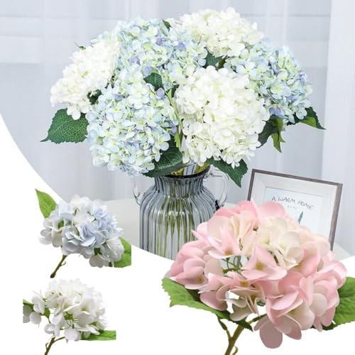 Hortensias artificiales, flores artificiales de tacto real de 13.38 pulgadas, hortensias falsas blancas para el hogar, boda, fiesta, decoración al aire libre