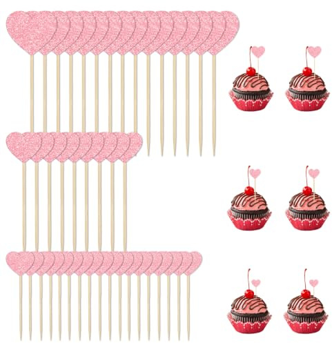 42 Stück Rosa Glitter Herz Cupcake Topper, Muffin Deko Tortendeko 3 Größen | Liebe Herz Cupcake Deko, Muffin Topper, Kuchendeko für Geburtstag Hochzeit Party Jahrestag Valentinstag