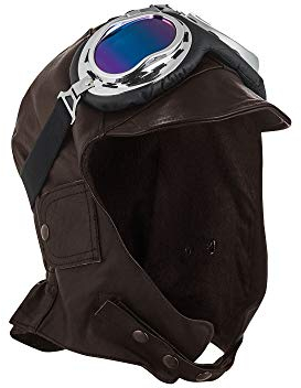 ALP Cabriohaube Pilotenmütze aus Leder in BRAUN Mütze- Oldtimermütze + Panorama Brille (M) N