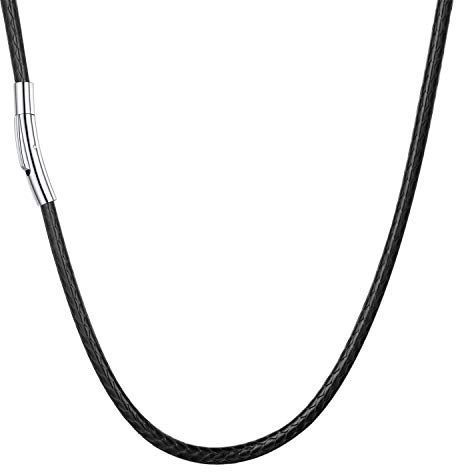 U7 Black Braided Leather Necklace Cord for Men Women, with Stainless Steel Clasp, Width 2mm 3mm, Length 16 inch to 30 inch
