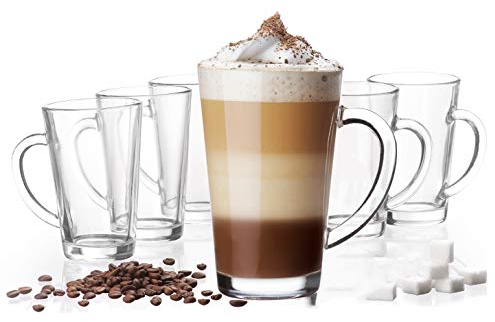 Platinux - Set di 6 bicchieri da latte macchiato con manico, in vetro, 370 ml