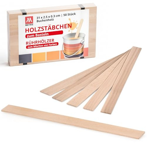 Metrie™ 50 Stück Robuste Rührhölzer, Holzstäbe zum Basteln 31 cm | Standard-Größe, Hochwertiges Buchenholz | 310 x 25 x 3 mm | Universal DIY Holzleisten | Kinder | Mischen von Farben, Dichtstoffen